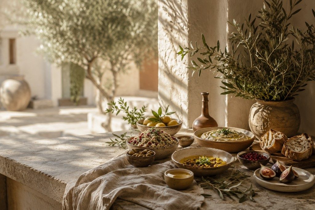 Mediterranean courtyard table with olive branches, fresh food and golden light